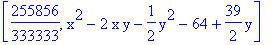 [255856/333333, x^2-2*x*y-1/2*y^2-64+39/2*y]